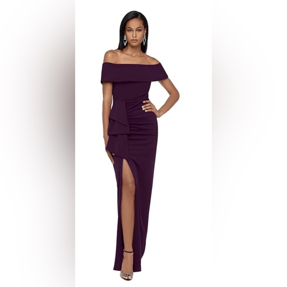 XSCAPE Off The Shoulder Slit Crepe Evening Gown